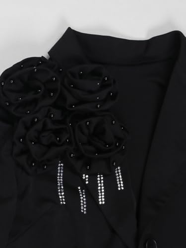 311-4Sey19L.jpg Women's 2 Piece Blazer Dress Set Formal Rhinestone 3D Flower Bodycon Midi Dress with Overcoat Business Suit Set
