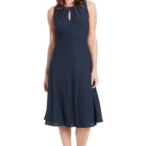 Women's Dresses Sleeveless Fit and Flare Dress with Pleat Tucks and Keyhole Detail at Neck
