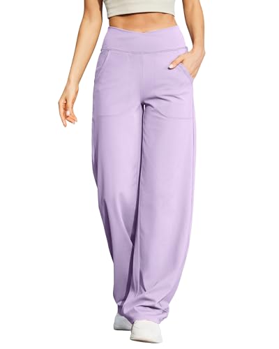 Wide Leg Pants for Women Loose Comfy Yoga Pants with Pockets Cross High Waist Casual Lounge Pants(Lavender,S,31")