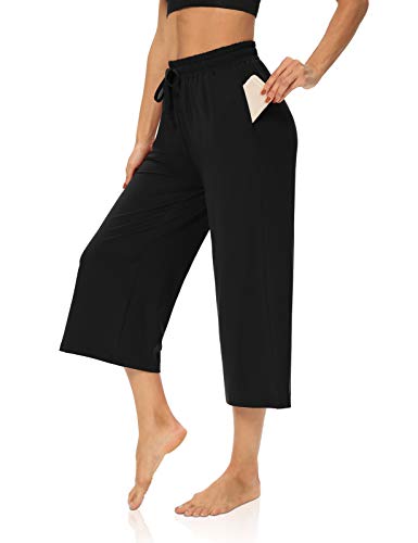 Womens Capri Pants Loose Yoga Pants Wide Leg Drawstring Comfy Lounge Pajama Capris Sweatpants with Pockets