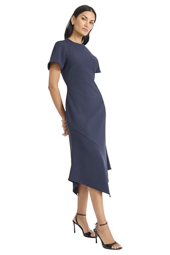 Women's Elegant Midi Asymmetrical Hemline-Short Sleeve Fitted Bodice-Versatile Cocktail Dress