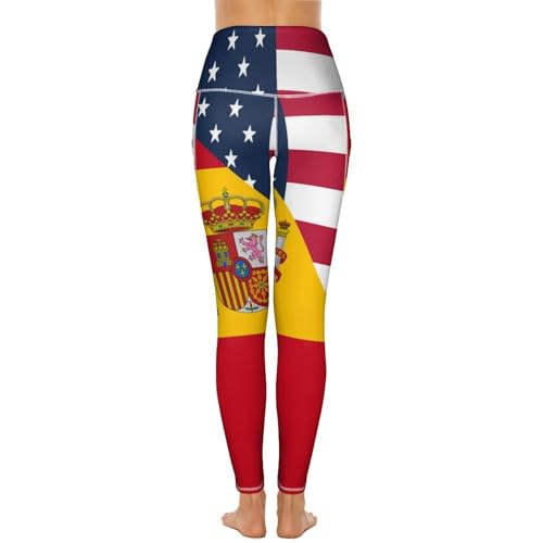 USA and Spain Flag Women's Yoga Pants Stretch Leggings with Pockets High Waist for Workout
