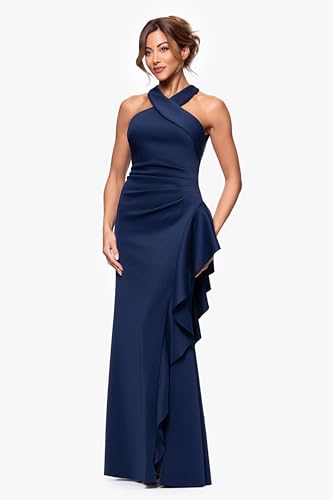31I8UF5tdAL.jpg Women's Scuba Cross Neck Ruffle Floor Length Dress, Midnight, 12