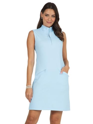 Sun Protective UPF 50+ Icefil Cooling Mini Check Sleeveless Mock Neck Dress w Pockets - 58754 Blue/White Mini Check M
