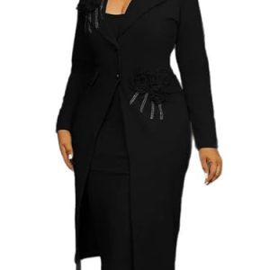 Women's 2 Piece Blazer Dress Set Formal Rhinestone 3D Flower Bodycon Midi Dress with Overcoat Business Suit Set