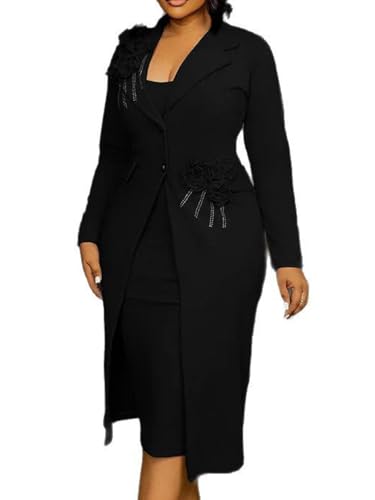 31Ly40A6k6L.jpg Women's 2 Piece Blazer Dress Set Formal Rhinestone 3D Flower Bodycon Midi Dress with Overcoat Business Suit Set