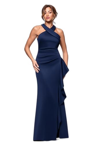 31NF6529sGL.jpg Women's Scuba Cross Neck Ruffle Floor Length Dress, Midnight, 12