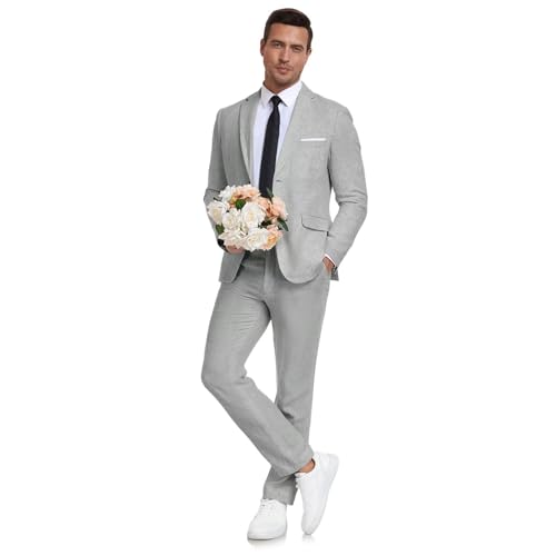 31TIbu-b3L.jpg Men's Linen Suit 2 Piece Slim Fit Summer Beach Wedding Dress Tux Prom Suit Blazer Jacket and Pants