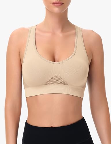 Racerback Sports Bras for Women Comfortable Wirefree Sleep Bras Breathable Mesh Padded Low Impact Workout Bra