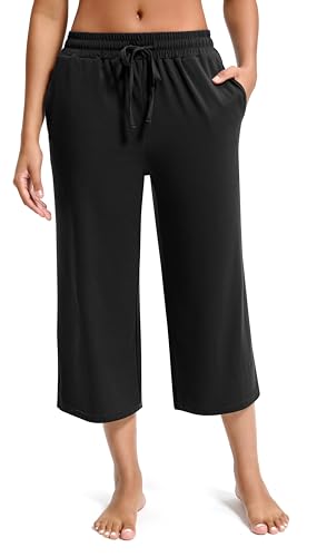 Wide Leg Capri Pants for Women Loose Yoga Pants Drawstring Comfy Lounge Sweatpants with Pockets