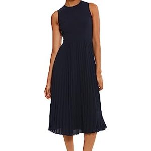 Women's Sleeveless Stretch Light Bubble Crepe Pleated Skirt Midi Dress