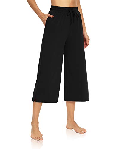Womens Capri Pants Loose Yoga Pants Wide Leg Drawstring Comfy Lounge Pajama Capris Sweatpants with Pockets