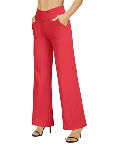 Wide Leg Pants for Women Loose Comfy Yoga Pants with Pockets Cross High Waist Casual Lounge Pants(Red,S,31")