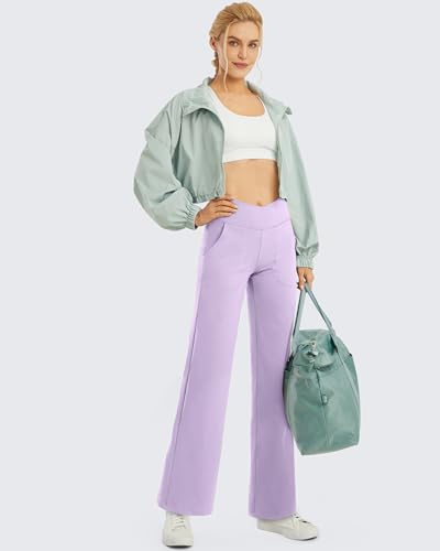Wide Leg Pants for Women Loose Comfy Yoga Pants with Pockets Cross High Waist Casual Lounge Pants(Lavender,S,31")