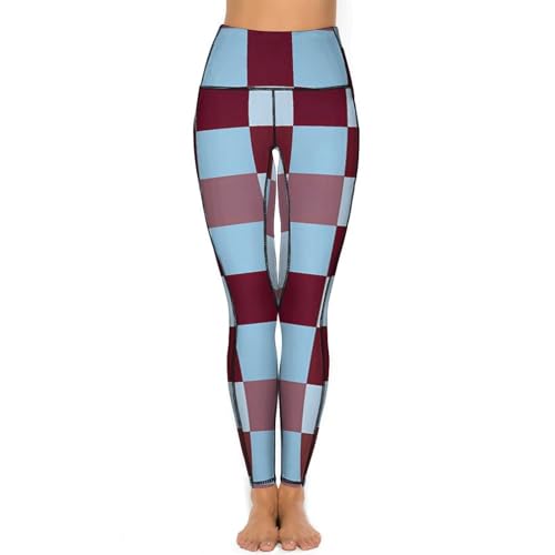 Brown and Blue Checkered Women's Yoga Pants Stretch Leggings with Pockets High Waist for Workout