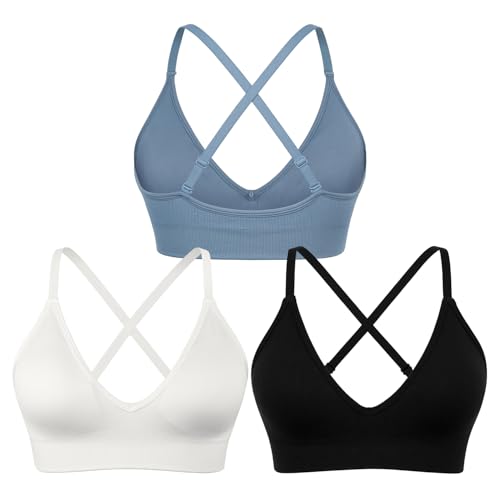 31lOxvbdnWL.jpg V-Neck Sports Bra for Women Adjustable Strappy Yoga Bra Spaghetti Strap Padded Workout Bra S-XL Low Impact Seamless Bralettes