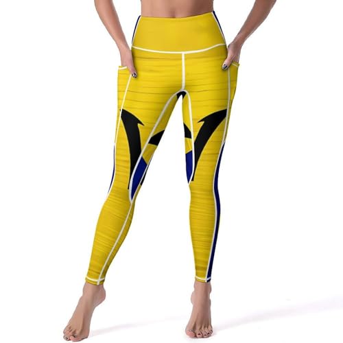 31mAatErH-L.jpg Wooden Barbados Flag Women's Yoga Pants Stretch Leggings with Pockets High Waist for Workout