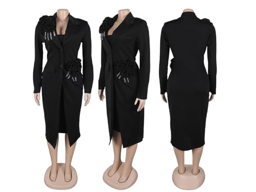 31oE0dRUmiL.jpg Women's 2 Piece Blazer Dress Set Formal Rhinestone 3D Flower Bodycon Midi Dress with Overcoat Business Suit Set