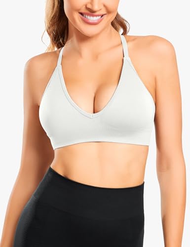 31ogOEQNlDL.jpg V-Neck Sports Bra for Women Adjustable Strappy Yoga Bra Spaghetti Strap Padded Workout Bra S-XL Low Impact Seamless Bralettes