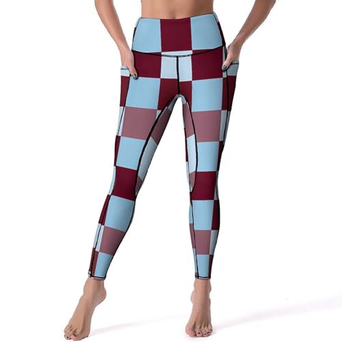 Brown and Blue Checkered Women's Yoga Pants Stretch Leggings with Pockets High Waist for Workout