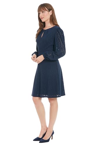 Women's Elegant Eyelet Knee-Length Long Bishop Sleeves-Cinched Waist-Keyhole Neckline-Versatile Cocktail Dress