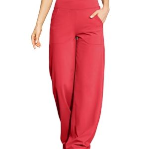 Wide Leg Pants for Women Loose Comfy Yoga Pants with Pockets Cross High Waist Casual Lounge Pants(Red,S,31")