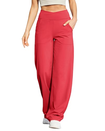 Wide Leg Pants for Women Loose Comfy Yoga Pants with Pockets Cross High Waist Casual Lounge Pants(Red,S,31")