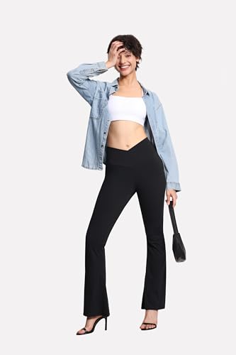 Women's Crossover High Waist Flare Workout Leggings Bootcut Bell Bottom Yoga Pants with Tummy Control