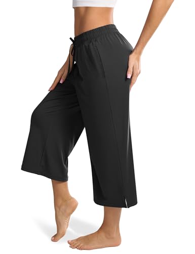 Wide Leg Capri Pants for Women Loose Yoga Pants Drawstring Comfy Lounge Sweatpants with Pockets