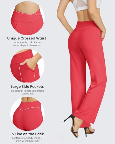 Wide Leg Pants for Women Loose Comfy Yoga Pants with Pockets Cross High Waist Casual Lounge Pants(Red,S,31")