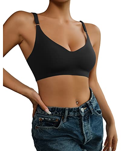415dQ81UfGL.jpg V Neck Bra Padded Seamless Adjustable Straps Bralettes Everyday Basic Sleeping Bras Multiple Pack