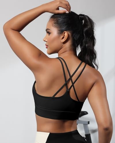 416obpWpDSL.jpg Sports Bra for Women Strappy Medium Support Push Up Padded Sports Bra for Running Workout Bra Yoga Bra