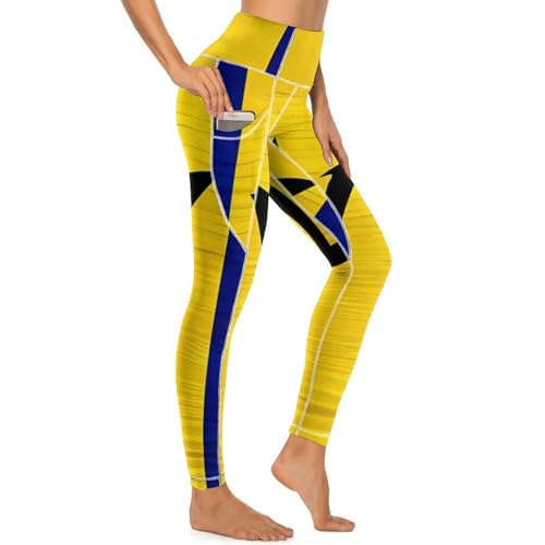 418gfMJqpL.jpg Wooden Barbados Flag Women's Yoga Pants Stretch Leggings with Pockets High Waist for Workout
