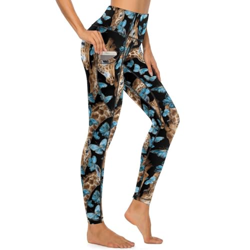Giraffes and Butterfly Women's Yoga Pants Stretch Leggings with Pockets High Waist for Workout