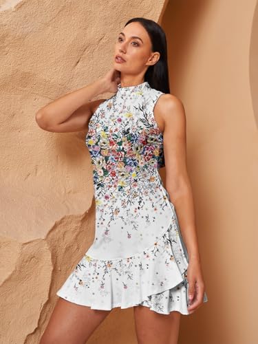 41A0uByuHqL.jpg Women's Tennis Dresses Summer Sleeveless Plaid Athletic Dress for Women Standing Collar Ruffled Hem Midi Dresses