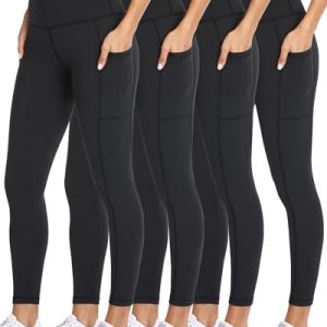 4 Pack Leggings for Women with Pockets- High Waisted Tummy Control for Workout Running Capri Yoga Pants