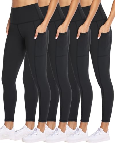 4 Pack Leggings for Women with Pockets- High Waisted Tummy Control for Workout Running Capri Yoga Pants