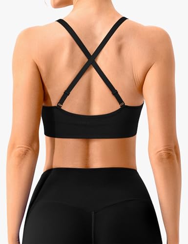 41EmcfoxtL.jpg V-Neck Sports Bra for Women Adjustable Strappy Yoga Bra Spaghetti Strap Padded Workout Bra S-XL Low Impact Seamless Bralettes