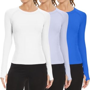 Long Sleeve Workout Tops for Women, Seamless Yoga Running Tops Breathable Athletic Shirts 3 Pack