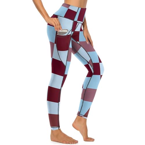 Brown and Blue Checkered Women's Yoga Pants Stretch Leggings with Pockets High Waist for Workout