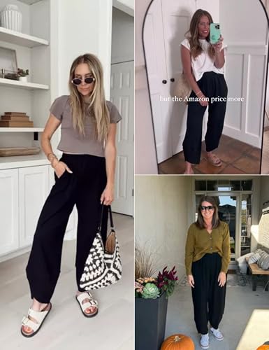 Womens Baggy Wide Leg Pants Casual Elastic Waisted Palazzo Harem Pants with Pockets