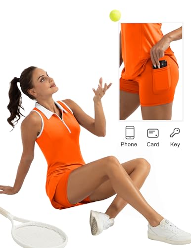 41U9EhK7M5L.jpg Women's Golf Tennis Dress Sport Activewear Zipper V-Neck with Shorts and Pocket Workout Athletic