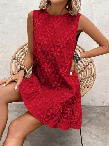Women's Ruffle Hem Sleeveless Tank Dress Round Neck Casual Jacquard Hem Smock Summer Mini Dresses