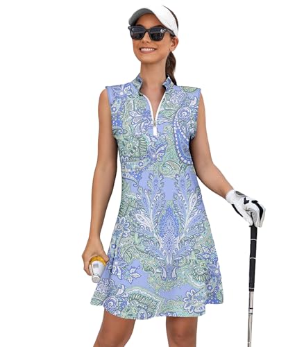 Tennis Dresses for Women with 2 Pockets Sleeveless Womens Golf Dress Quarter Zip Stand Collar Printed Athletic Dress