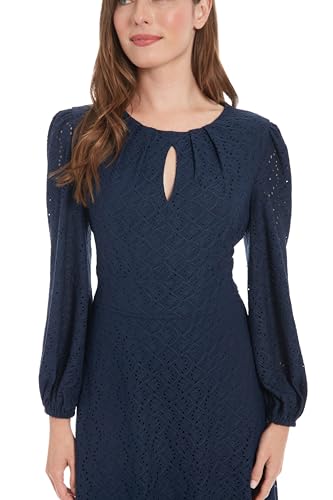 Women's Elegant Eyelet Knee-Length Long Bishop Sleeves-Cinched Waist-Keyhole Neckline-Versatile Cocktail Dress