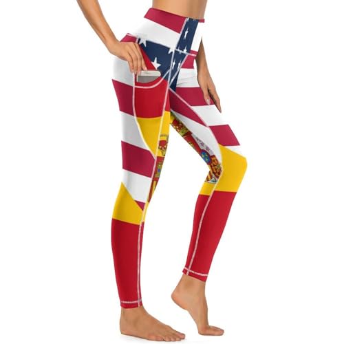 USA and Spain Flag Women's Yoga Pants Stretch Leggings with Pockets High Waist for Workout