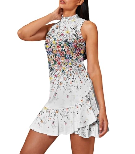 41hOObm5QFL.jpg Women's Tennis Dresses Summer Sleeveless Plaid Athletic Dress for Women Standing Collar Ruffled Hem Midi Dresses