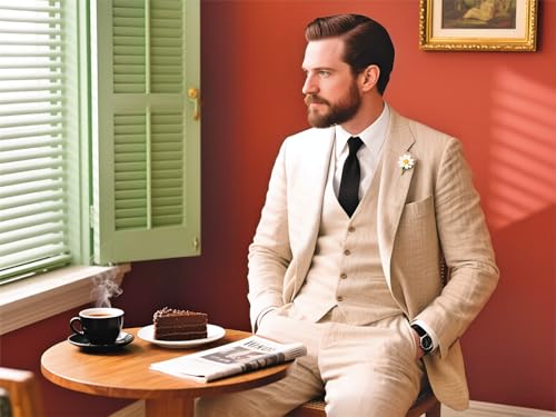 41hpT2Al11L.jpg Men's Linen Suit 2 Piece Slim Fit Summer Beach Wedding Dress Tux Prom Suit Blazer Jacket and Pants