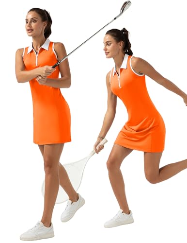 41jDq6zP2aL.jpg Women's Golf Tennis Dress Sport Activewear Zipper V-Neck with Shorts and Pocket Workout Athletic