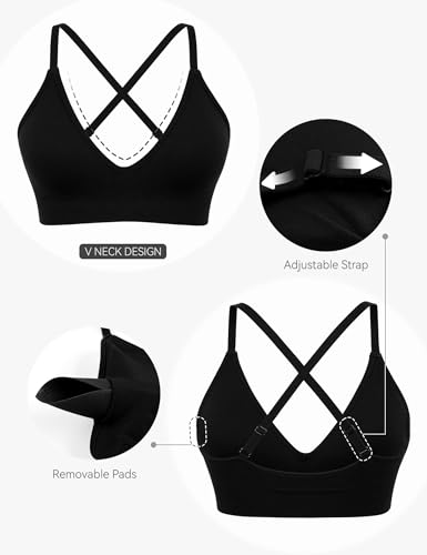 41pAnGlQAnL.jpg V-Neck Sports Bra for Women Adjustable Strappy Yoga Bra Spaghetti Strap Padded Workout Bra S-XL Low Impact Seamless Bralettes